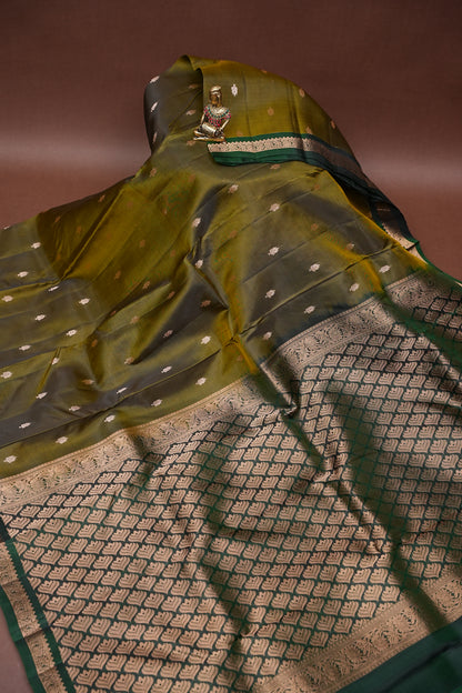 Olive Green & Bottle Green soft Silk Saree with Rich Zari Pallu