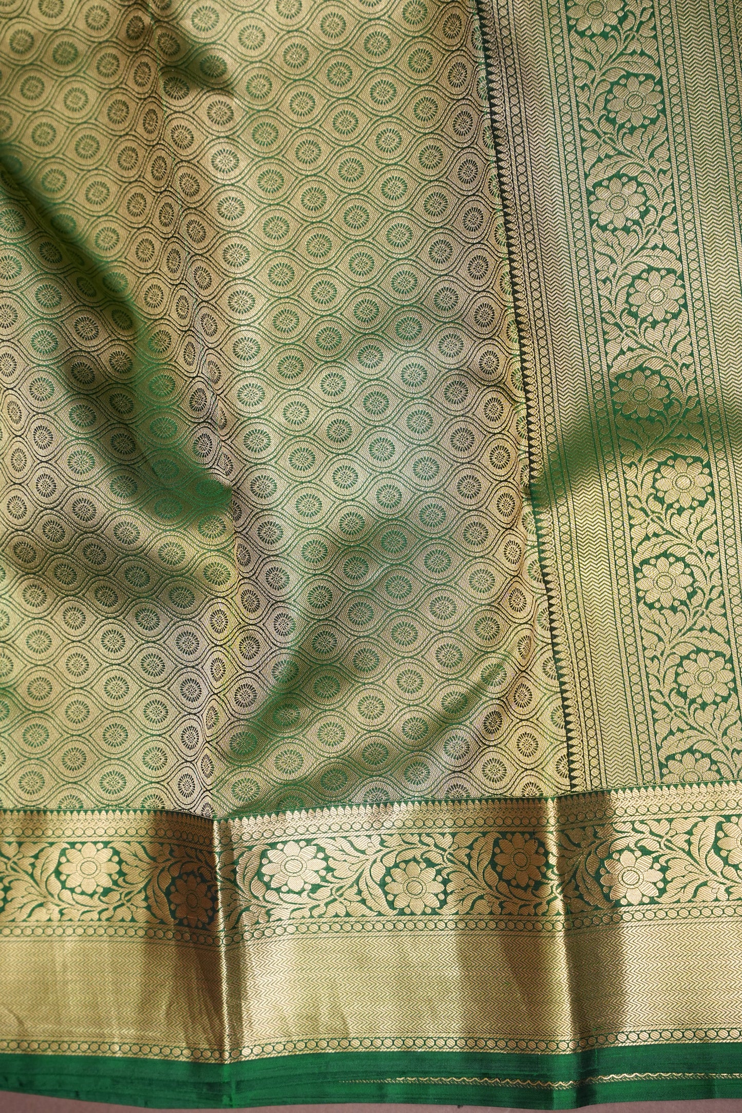 Champagne Gold and Emerald Green Pure Kanchivaram Silk Saree with Rich Zari Weave|Silk Mark Certified