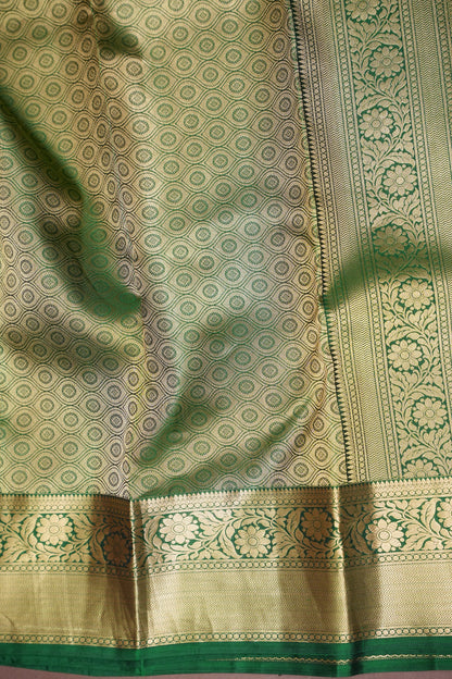 Champagne Gold and Emerald Green Pure Kanchivaram Silk Saree with Rich Zari Weave|Silk Mark Certified