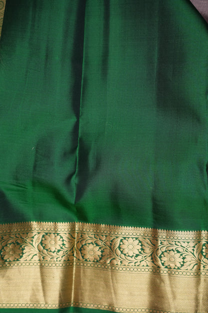Champagne Gold and Emerald Green Pure Kanchivaram Silk Saree with Rich Zari Weave|Silk Mark Certified