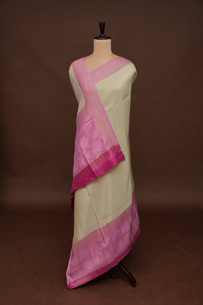 Pure Mellow Tissue Silk Saree with Bandhini Patterns - Ivory & Baby Pink
