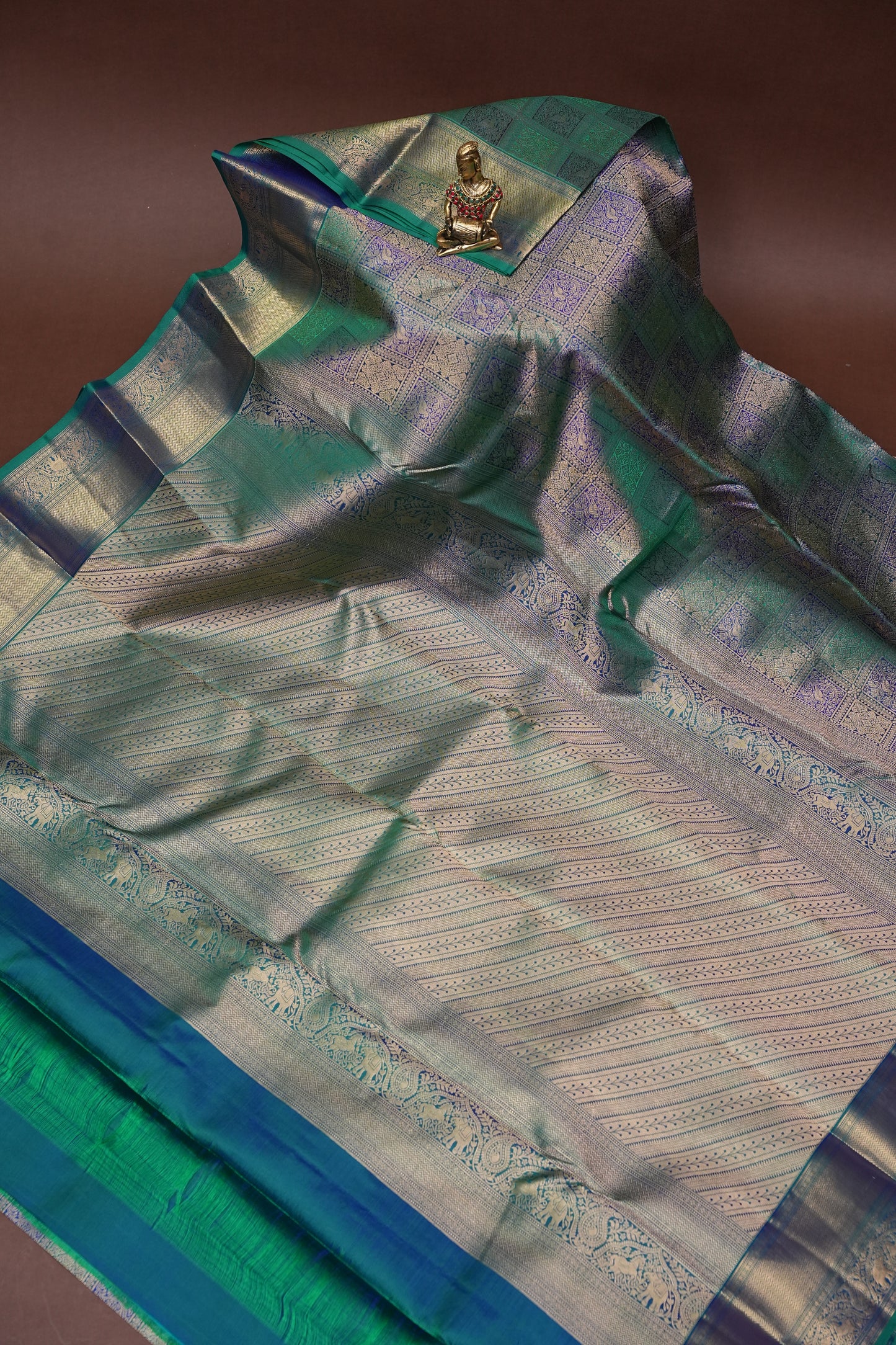 Teal & Blue Pure Kanchivaram Silk Saree with Rich Gold Zari Weave|Silk Mark Certified