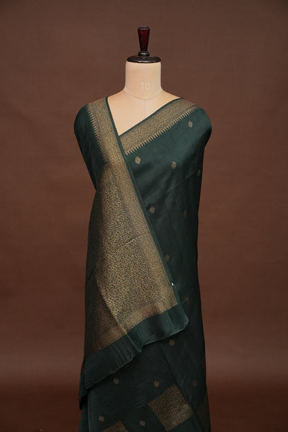Forest Green  Semi Tussar Raw Silk Saree with Gold Woven Elegance