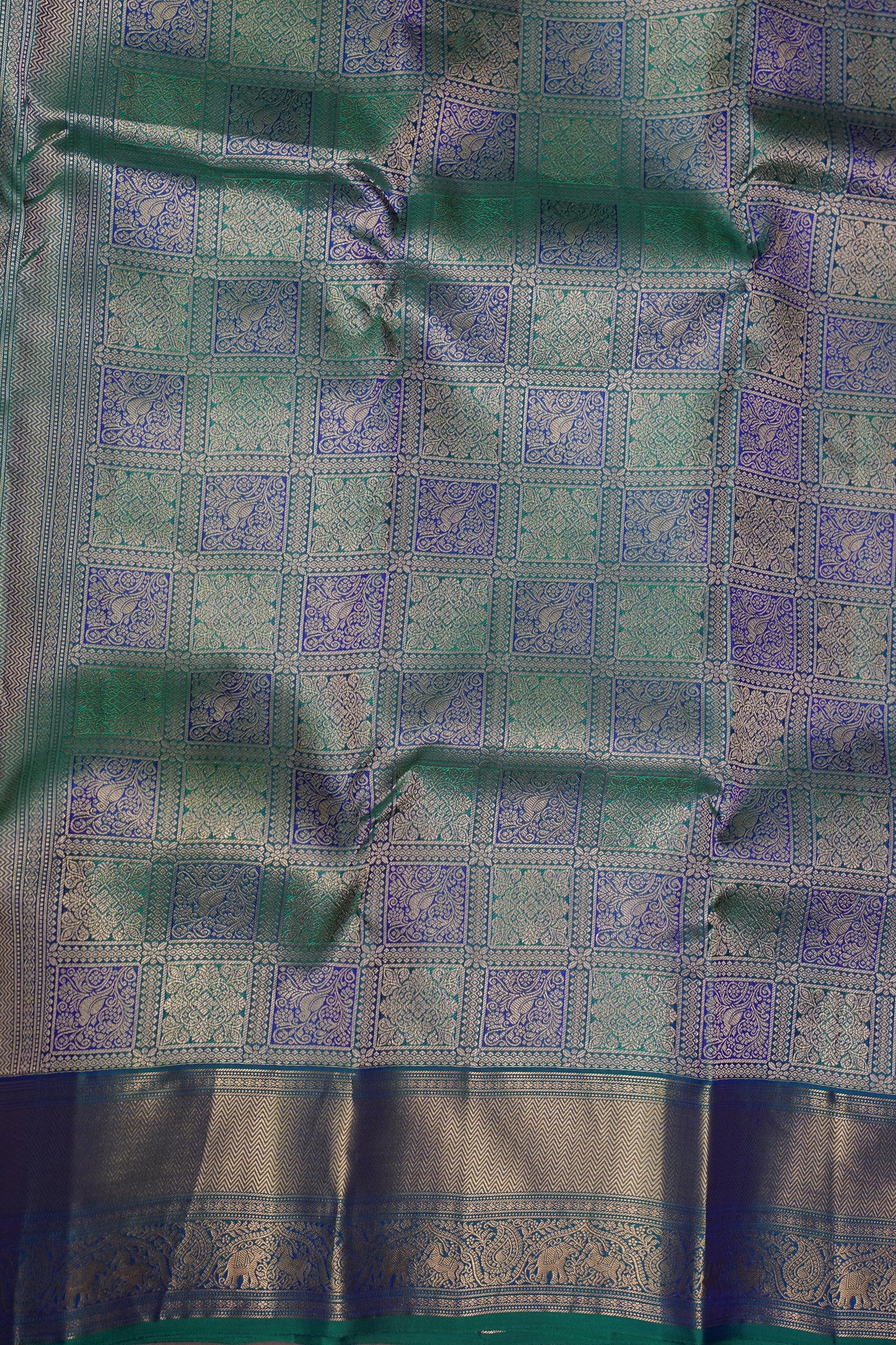 Teal & Blue Pure Kanchivaram Silk Saree with Rich Gold Zari Weave|Silk Mark Certified
