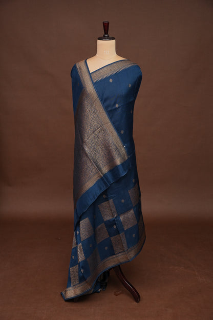 Teal Blue Tussar Raw Silk Saree with Gold Woven Elegance