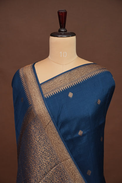 Teal Blue Tussar Raw Silk Saree with Gold Woven Elegance