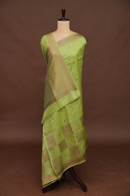 Parrot Green Semi Tussar Raw Silk Saree with Gold Woven Elegance