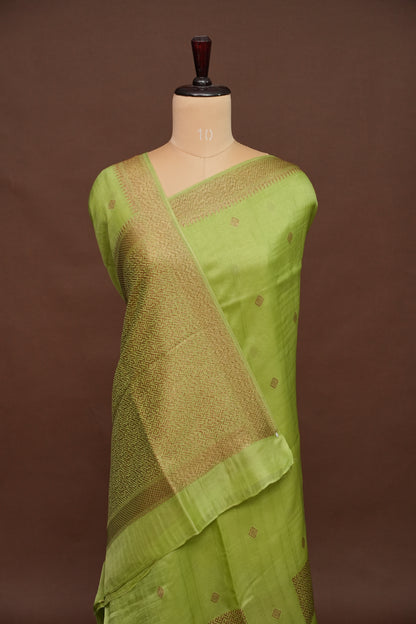 Parrot Green Semi Tussar Raw Silk Saree with Gold Woven Elegance