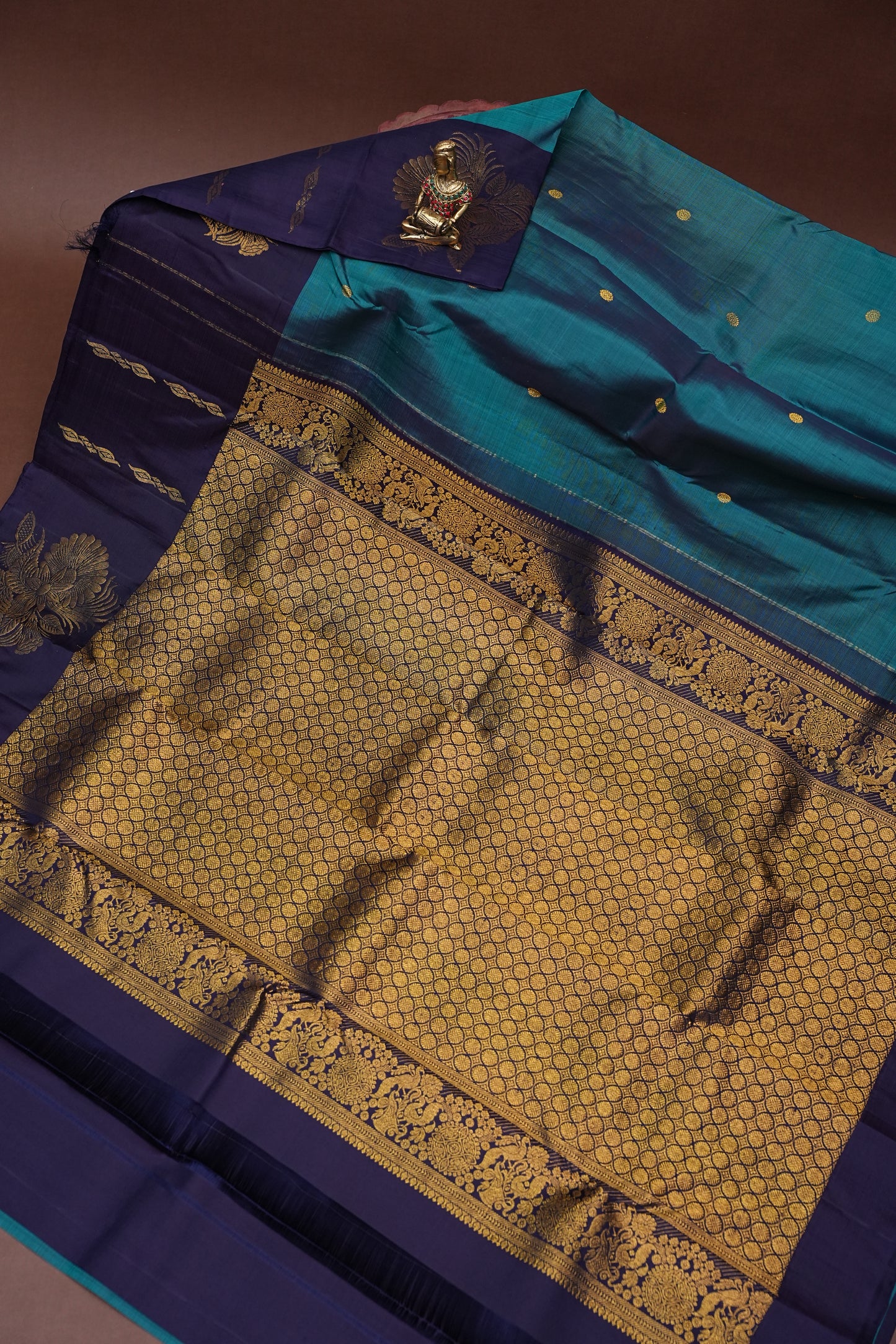 Teal Blue & Navy Border Pure Kanchivaram Silk Saree with Rich Gold Zari Pallu|Silk Mark Certified