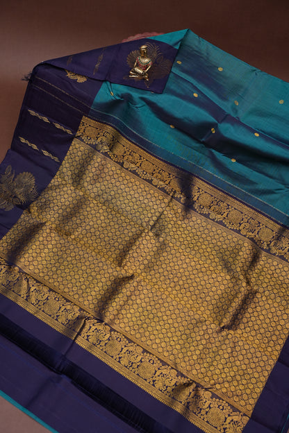 Teal Blue & Navy Border Pure Kanchivaram Silk Saree with Rich Gold Zari Pallu|Silk Mark Certified