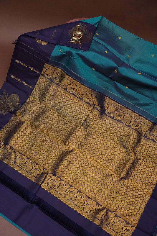 Pure Kanchivaram Silk Saree with Rich Gold Zari Pallu - Teal Blue & Navy Border