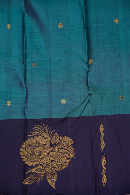 Teal Blue & Navy Border Pure Kanchivaram Silk Saree with Rich Gold Zari Pallu|Silk Mark Certified