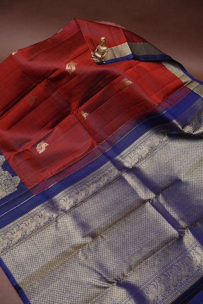 Rust & Navy Blue Pure Kanchivaram Silk Saree with Gold Zari Weave|Silk Mark Certified