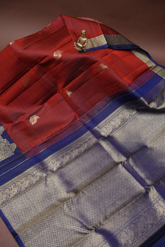 Rust & Navy Blue Pure Kanchivaram Silk Saree with Gold Zari Weave|Silk Mark Certified
