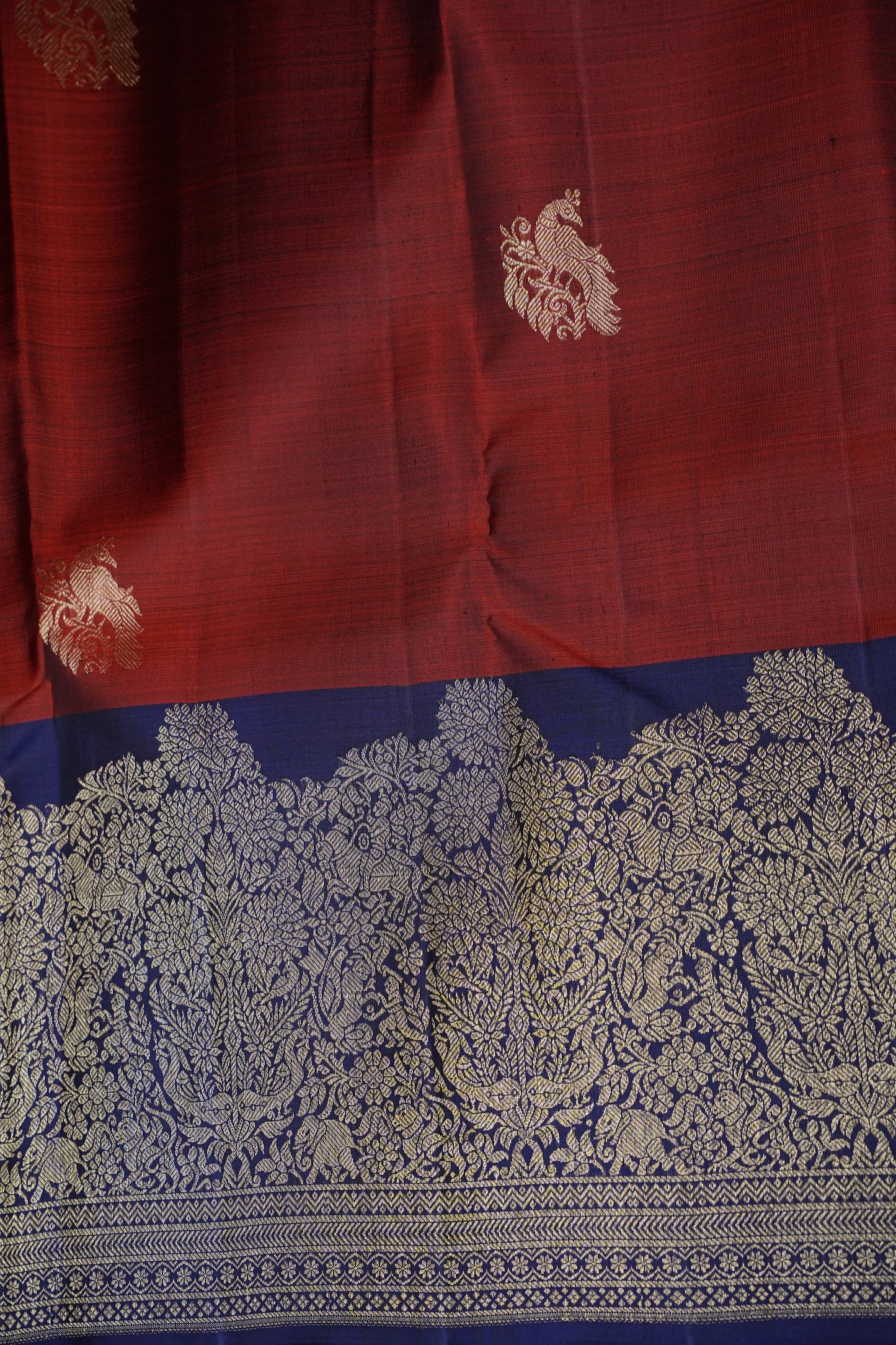 Rust & Navy Blue Pure Kanchivaram Silk Saree with Gold Zari Weave|Silk Mark Certified