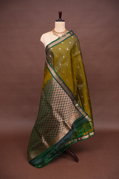 Olive Green & Bottle Green soft Silk Saree with Rich Zari Pallu