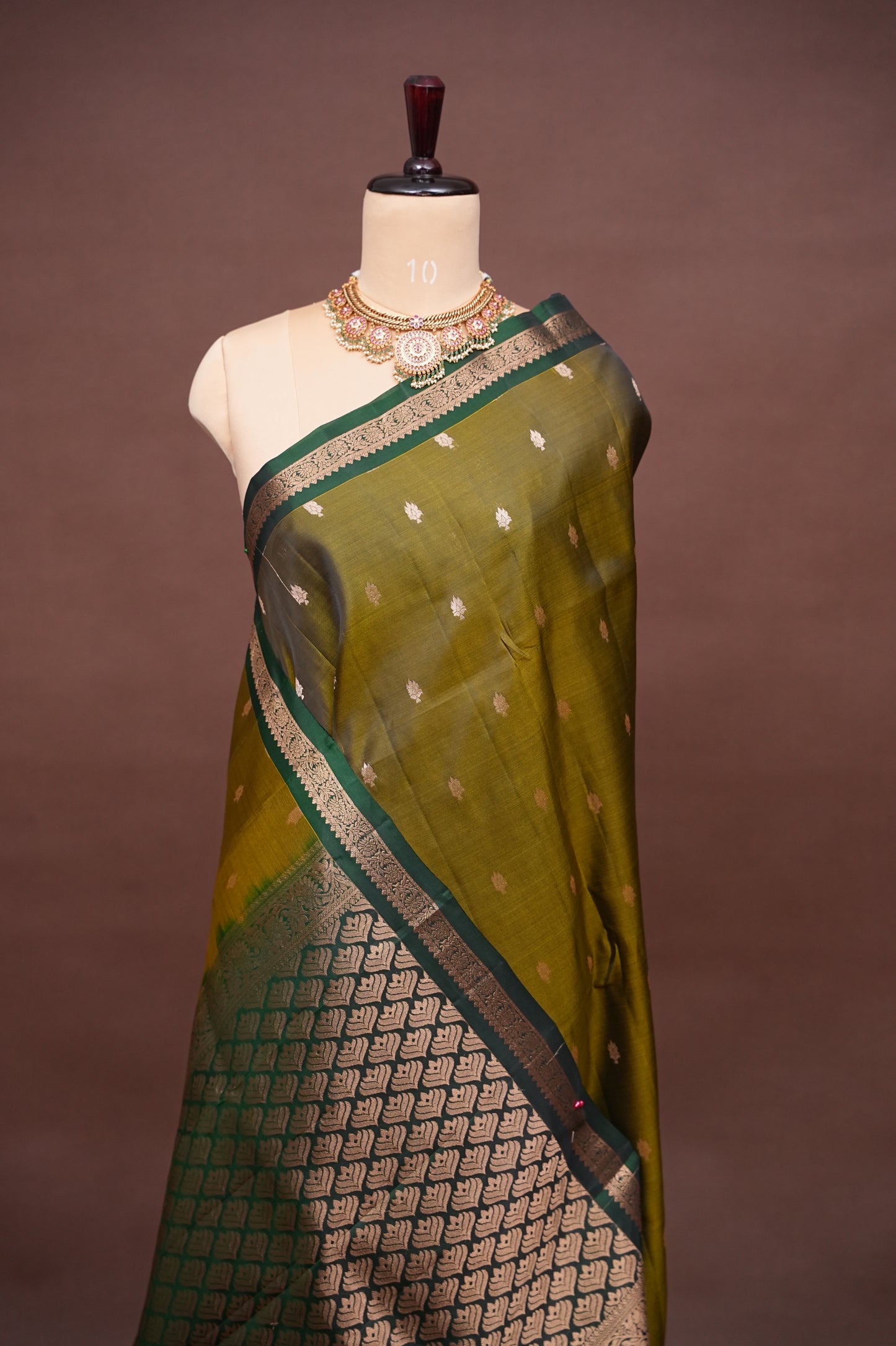 Olive Green & Bottle Green soft Silk Saree with Rich Zari Pallu