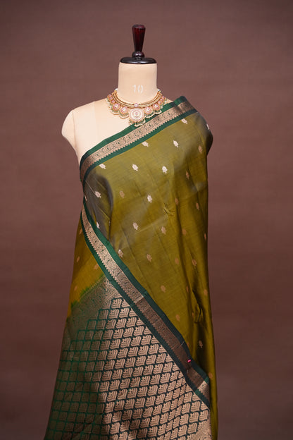 Olive Green & Bottle Green soft Silk Saree with Rich Zari Pallu