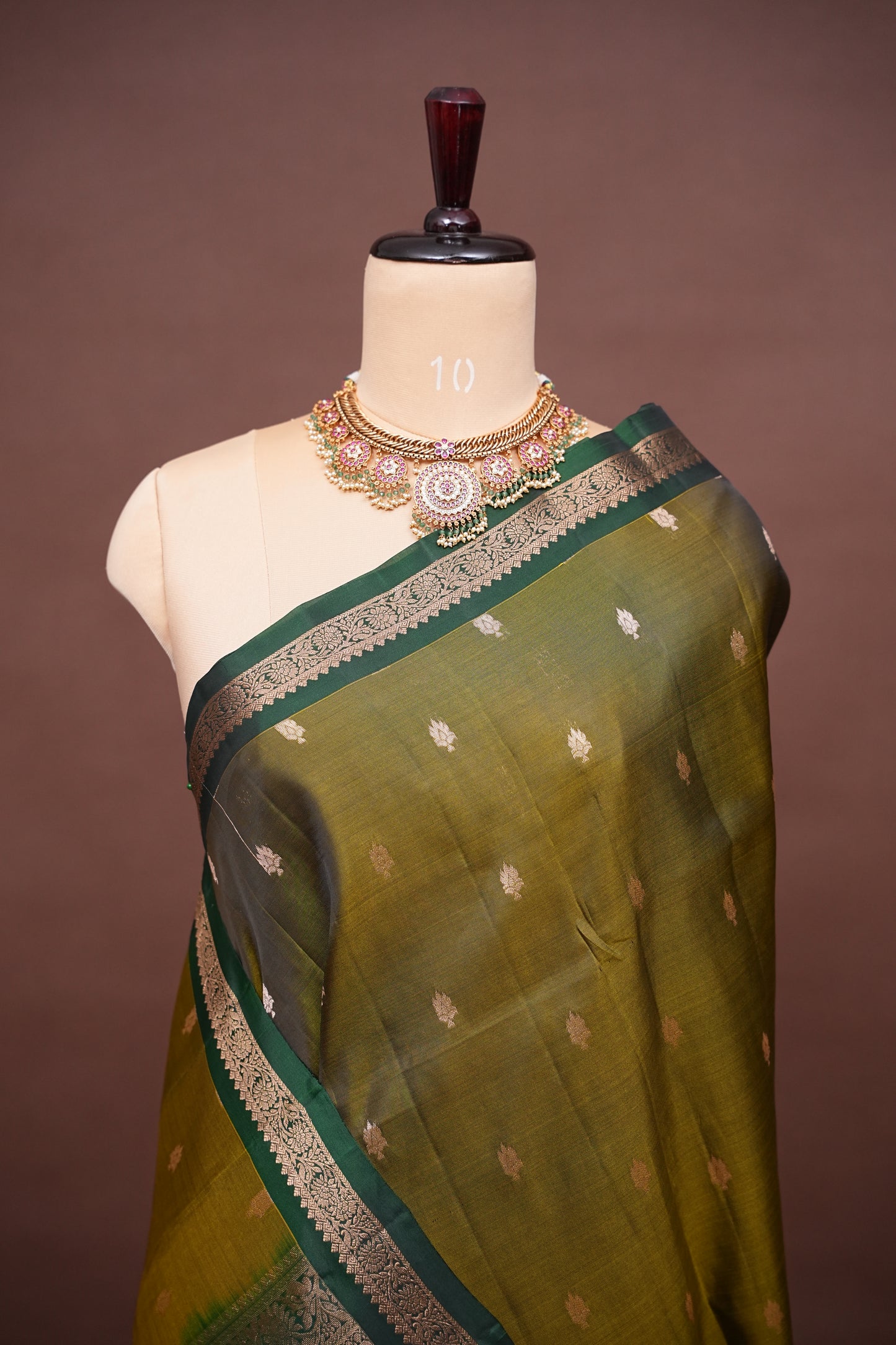 Olive Green & Bottle Green soft Silk Saree with Rich Zari Pallu