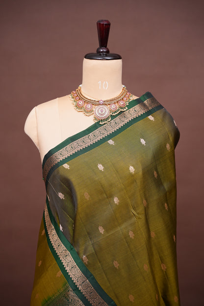 Olive Green & Bottle Green soft Silk Saree with Rich Zari Pallu