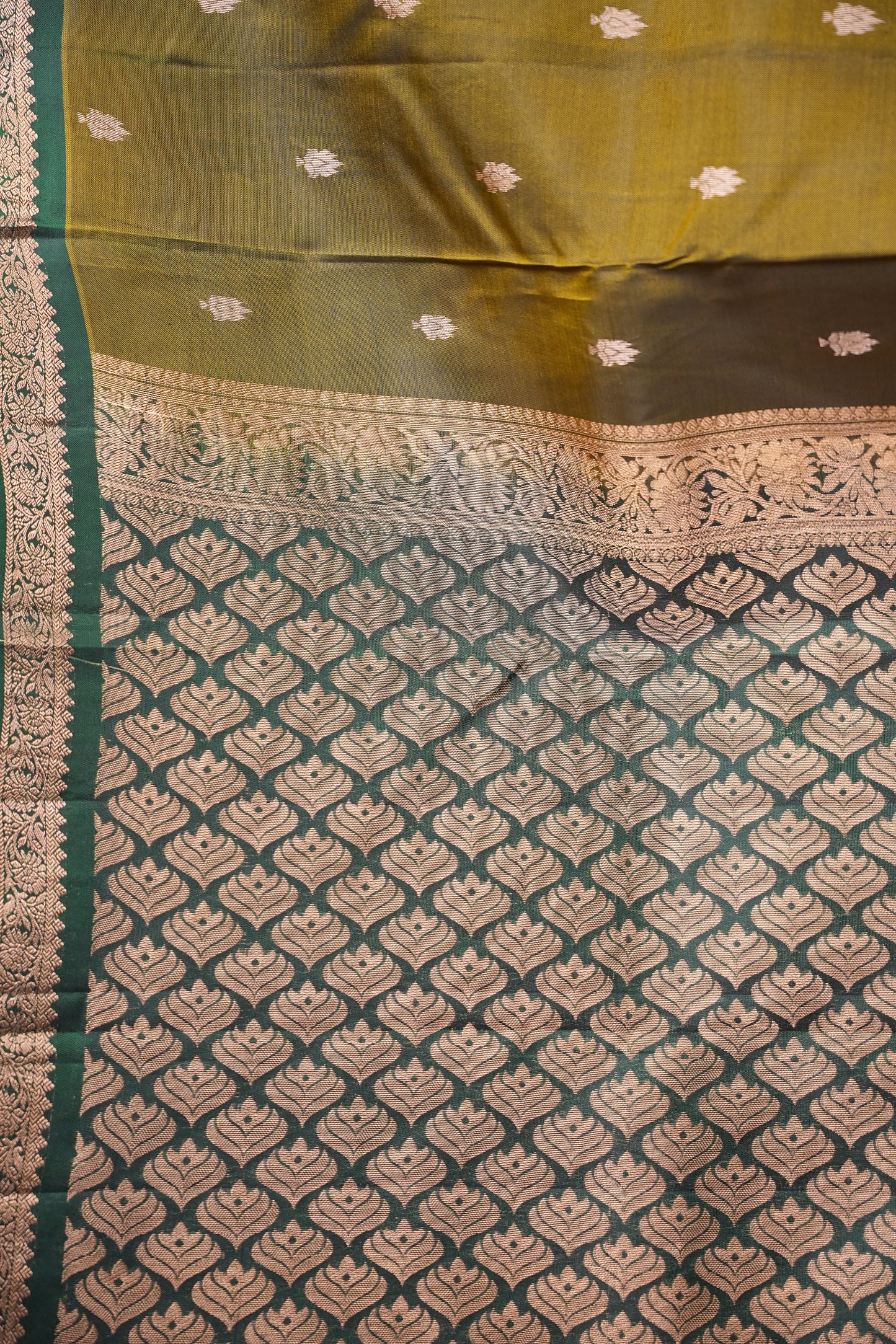 Olive Green & Bottle Green soft Silk Saree with Rich Zari Pallu
