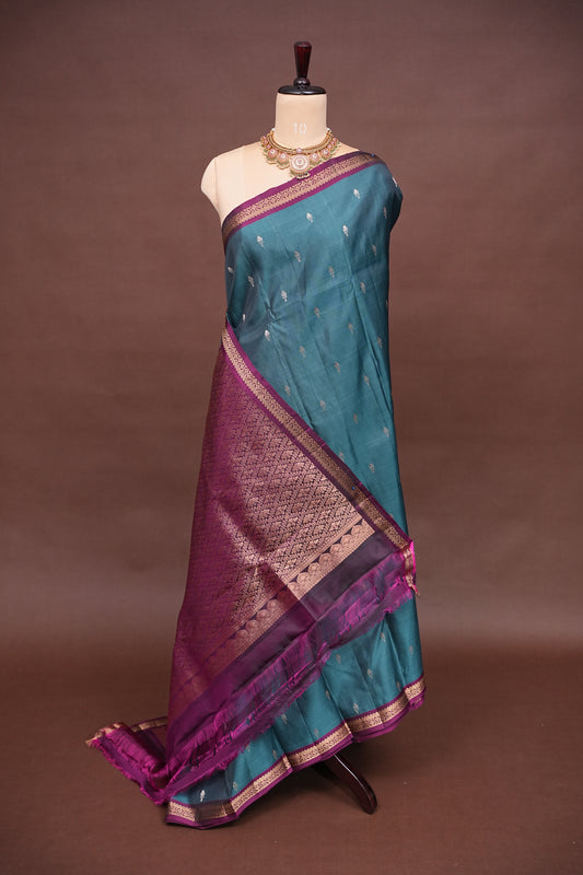 Teal Blue & Magenta Soft Silk Saree with Rich Zari Pallu