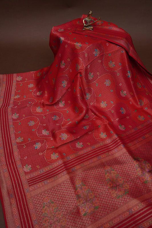 Kashmiri Pashmina Mellow Tissue Saree - Red