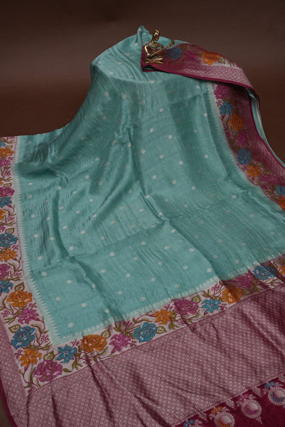 Tussar Banarasi Raw Silk Saree with Floral Paithani Weaves – Aqua Green