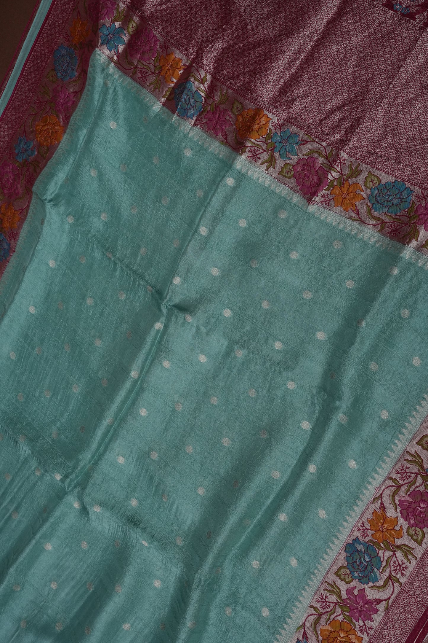 Tussar Banarasi Raw Silk Saree with Floral Paithani Weaves – Aqua Green