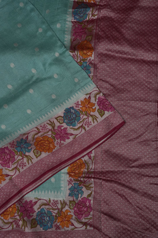 Tussar Banarasi Raw Silk Saree with Floral Paithani Weaves – Aqua Green