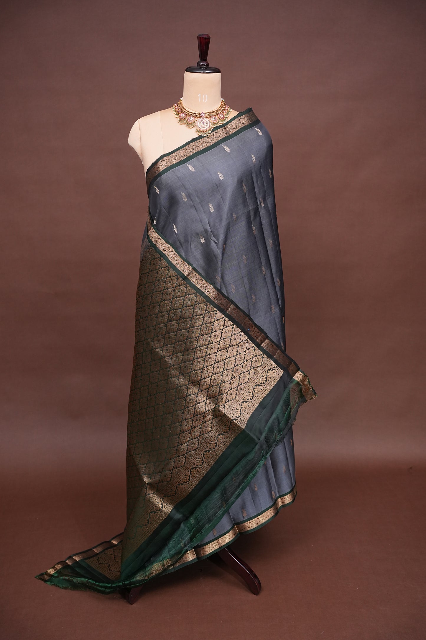 Pure Kanchivaram Silk Saree with Rich Zari Pallu - Steel Grey & Green