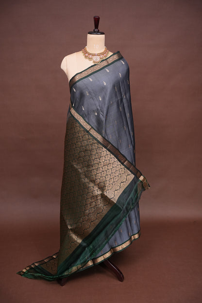 Pure Kanchivaram Silk Saree with Rich Zari Pallu - Steel Grey & Green