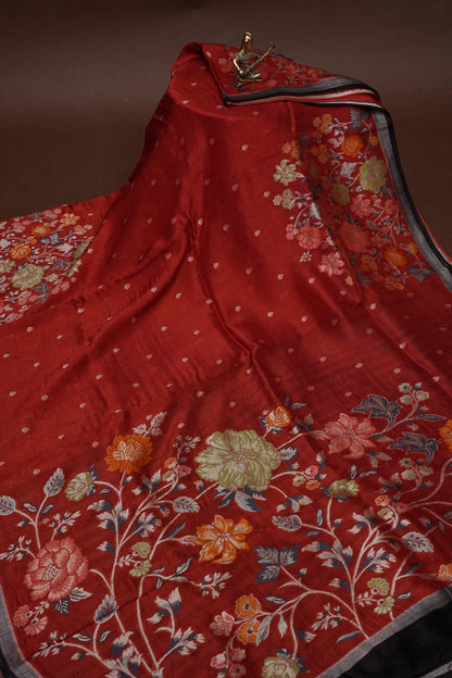 Tussar Banarasi Raw Silk Saree  with Floral Paithani Weaves – Burnt Orange & Black