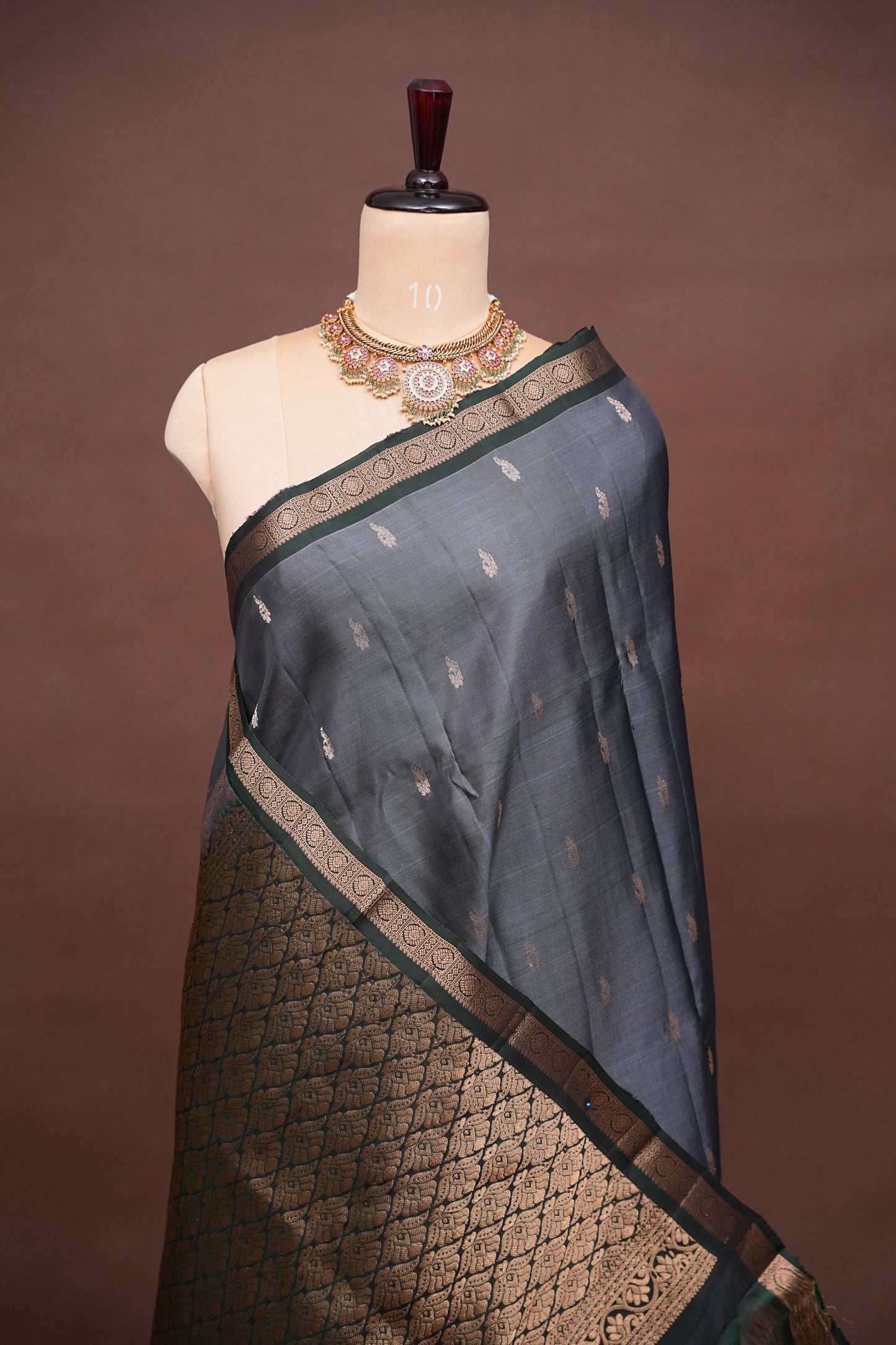 Pure Kanchivaram Silk Saree with Rich Zari Pallu - Steel Grey & Green