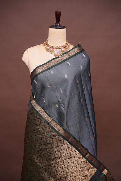 Pure Kanchivaram Silk Saree with Rich Zari Pallu - Steel Grey & Green