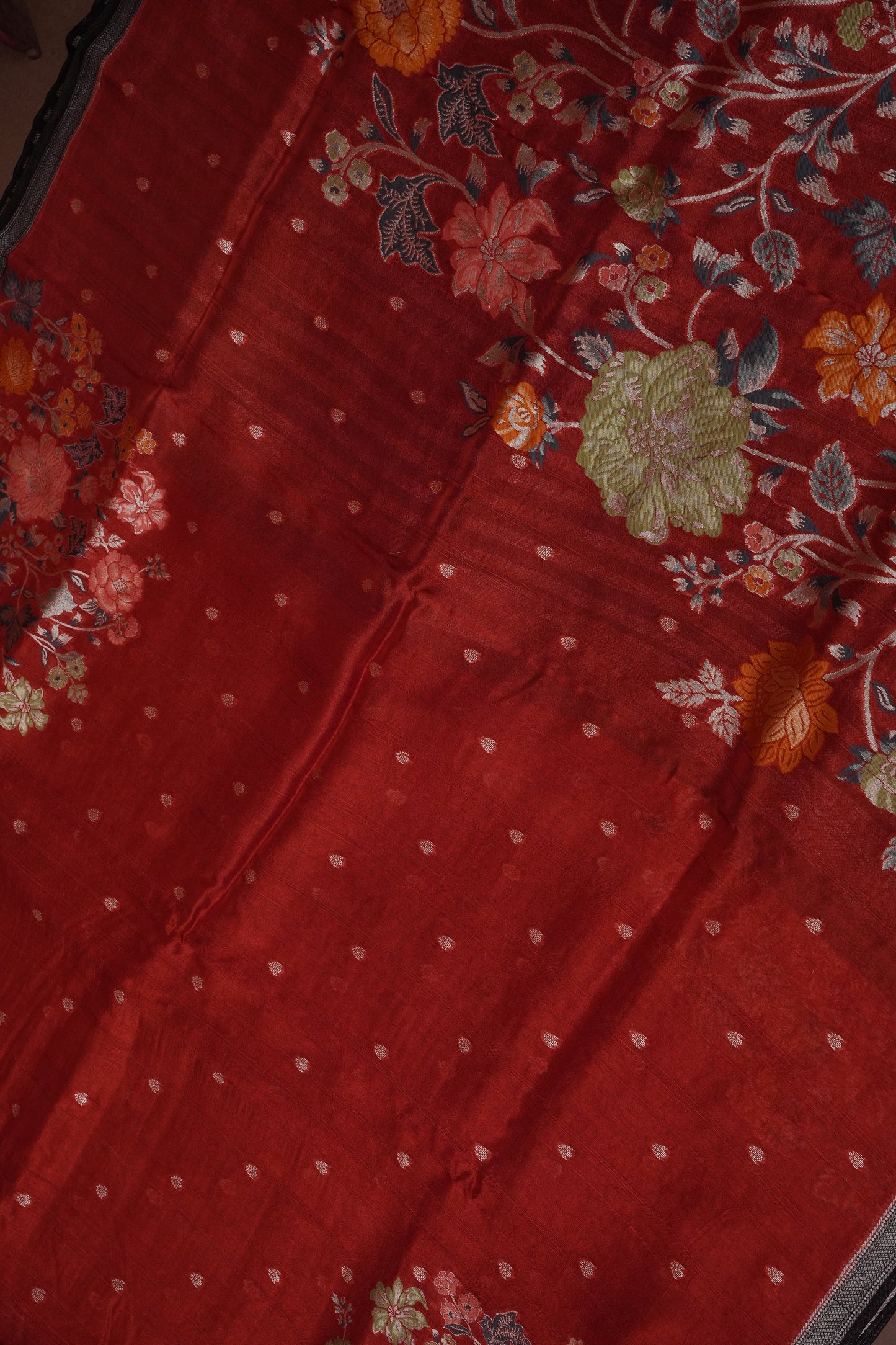 Tussar Banarasi Raw Silk Saree  with Floral Paithani Weaves – Burnt Orange & Black