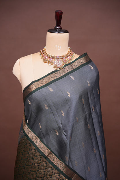 Pure Kanchivaram Silk Saree with Rich Zari Pallu - Steel Grey & Green