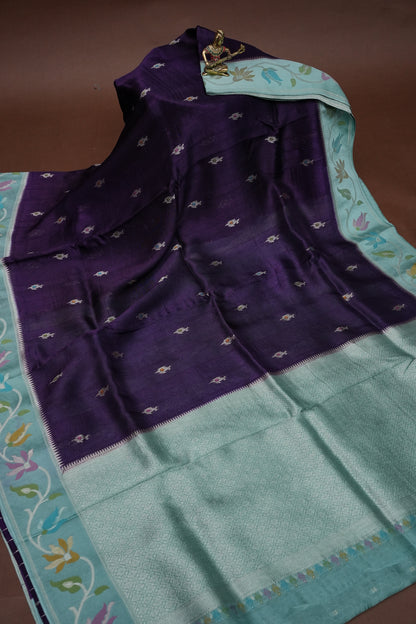 Tussar Banarasi Raw Silk Saree with Floral Paithani Weaves – Deep Purple & Aqua Blue