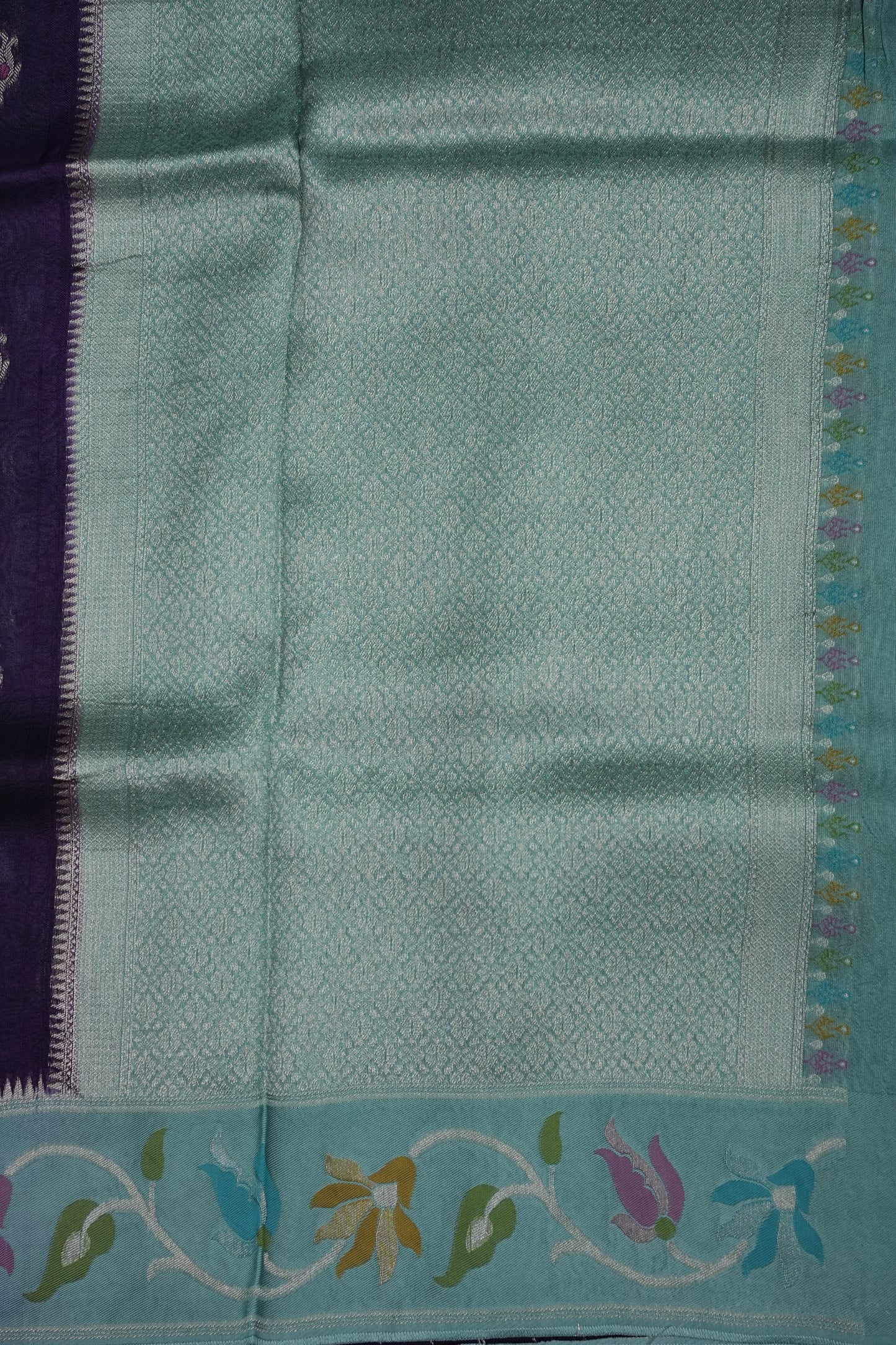 Tussar Banarasi Raw Silk Saree with Floral Paithani Weaves – Deep Purple & Aqua Blue