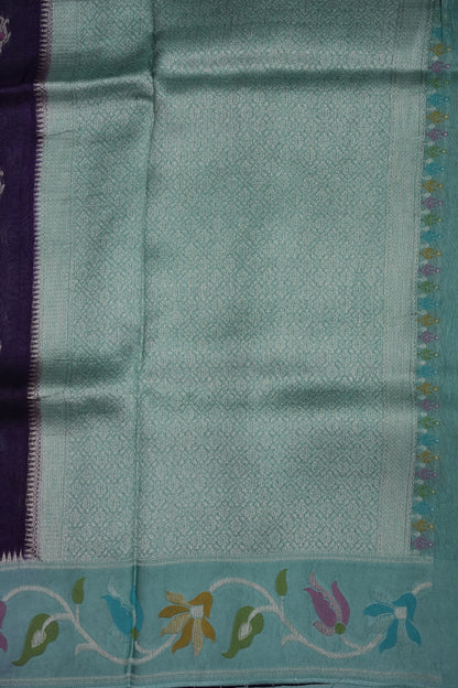 Tussar Banarasi Raw Silk Saree with Floral Paithani Weaves – Deep Purple & Aqua Blue