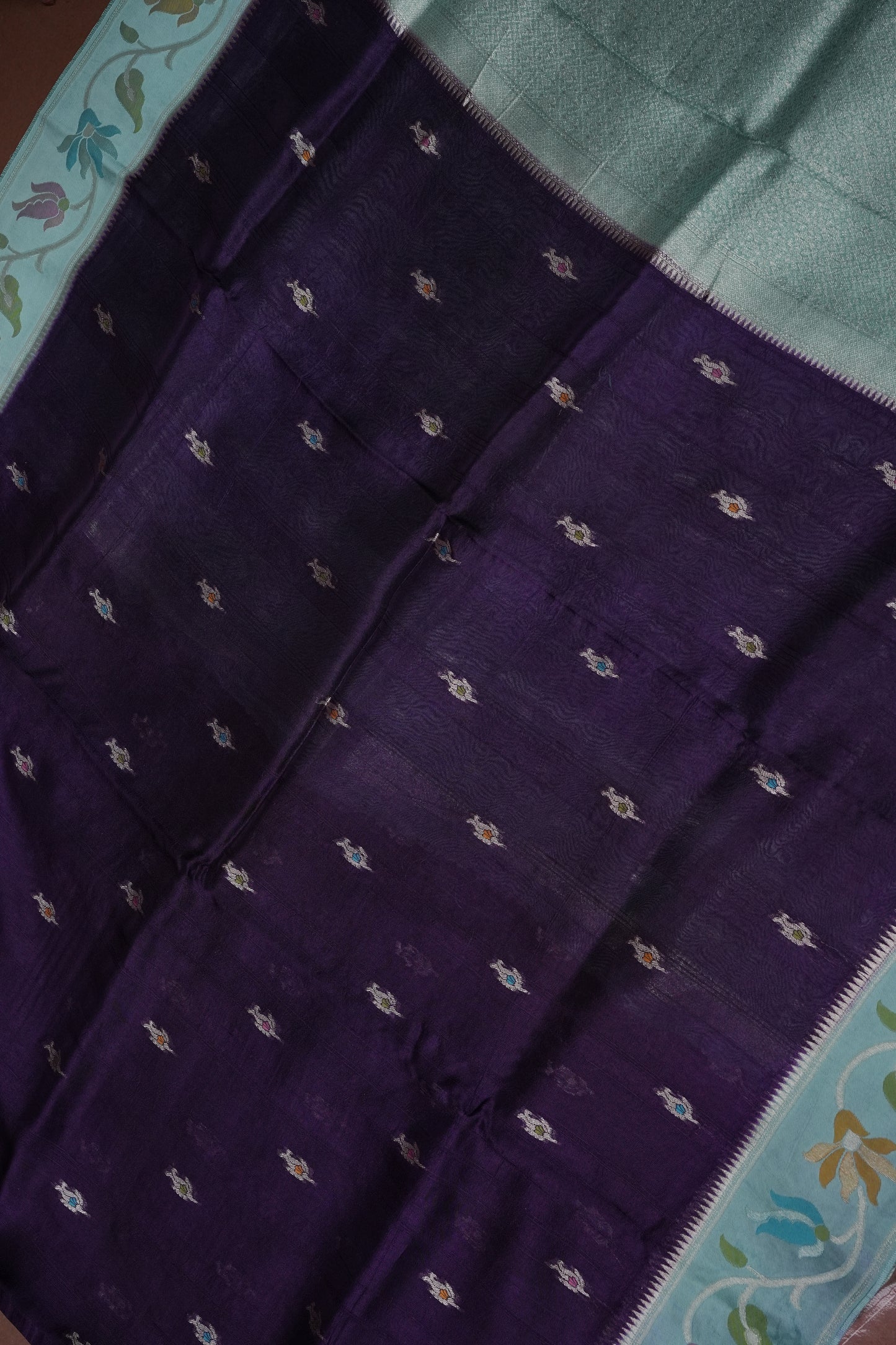 Tussar Banarasi Raw Silk Saree with Floral Paithani Weaves – Deep Purple & Aqua Blue