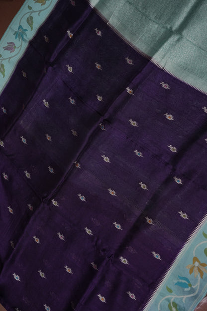 Tussar Banarasi Raw Silk Saree with Floral Paithani Weaves – Deep Purple & Aqua Blue