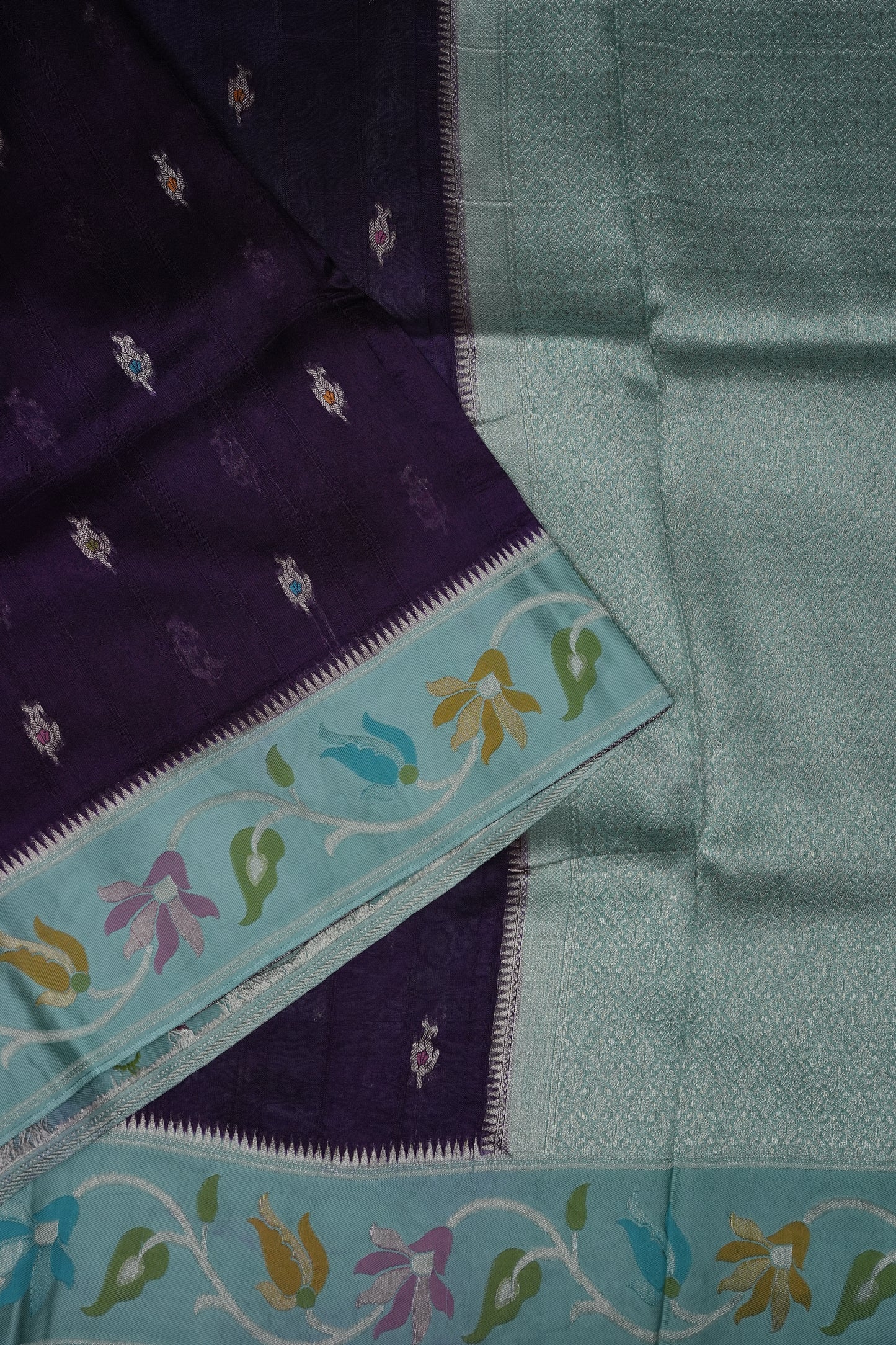 Tussar Banarasi Raw Silk Saree with Floral Paithani Weaves – Deep Purple & Aqua Blue