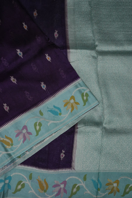 Tussar Banarasi Raw Silk Saree with Floral Paithani Weaves – Deep Purple & Aqua Blue