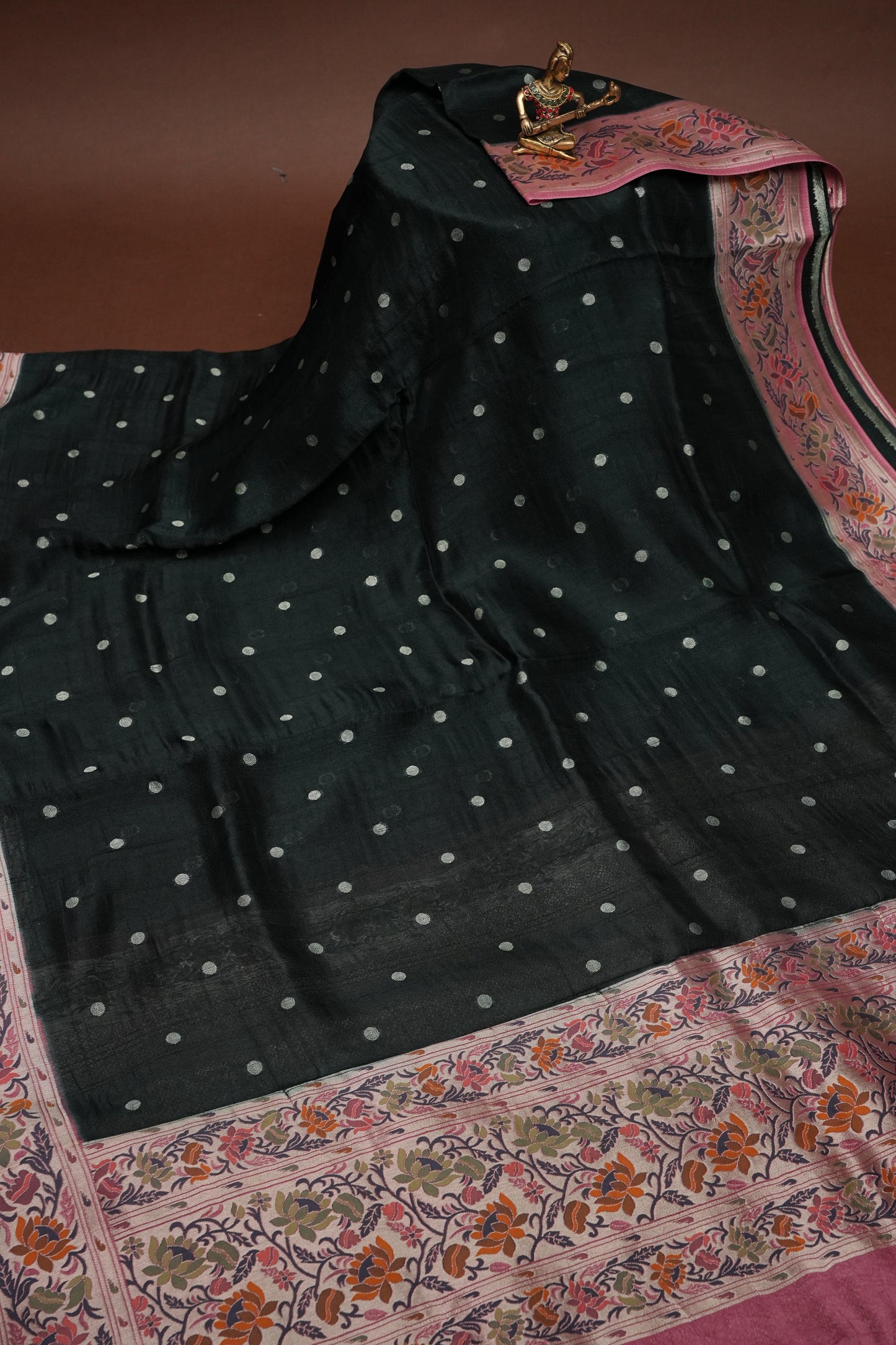 Tussar Banarasi Raw Silk Saree with Floral Paithani Weaves – Bottle Green & Pink