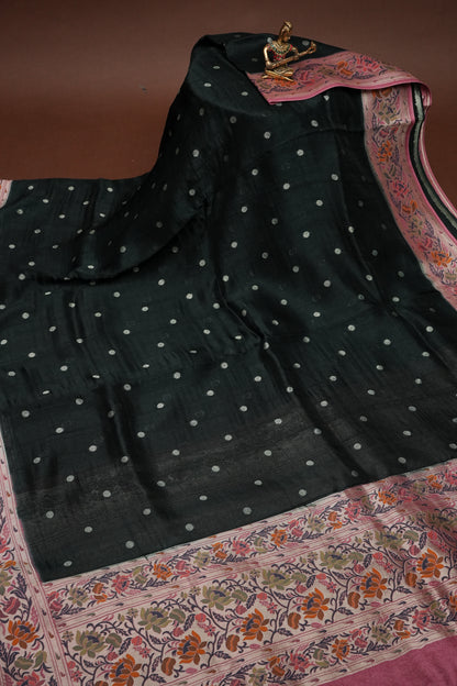 Tussar Banarasi Raw Silk Saree  with Floral Paithani Weaves – Bottle Green