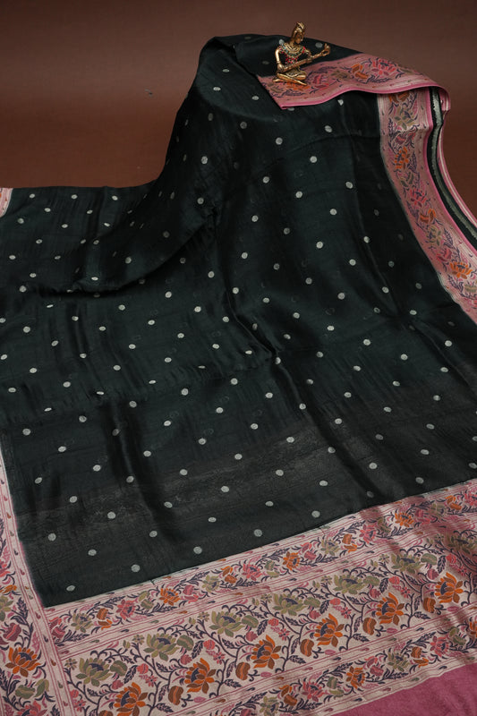 Tussar Banarasi Raw Silk Saree  with Floral Paithani Weaves – Bottle Green
