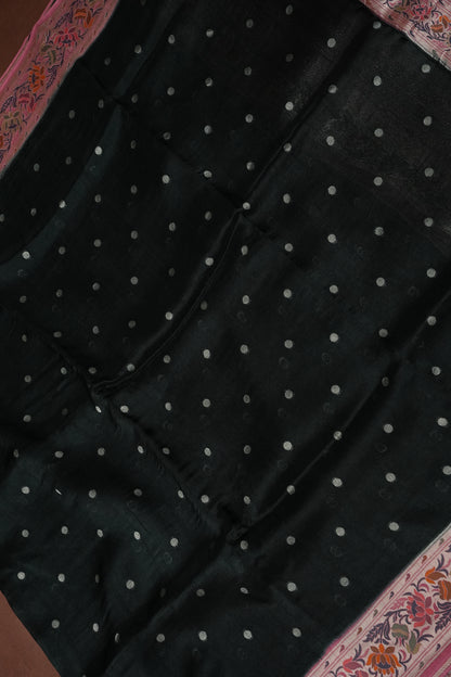 Tussar Banarasi Raw Silk Saree with Floral Paithani Weaves – Bottle Green & Pink
