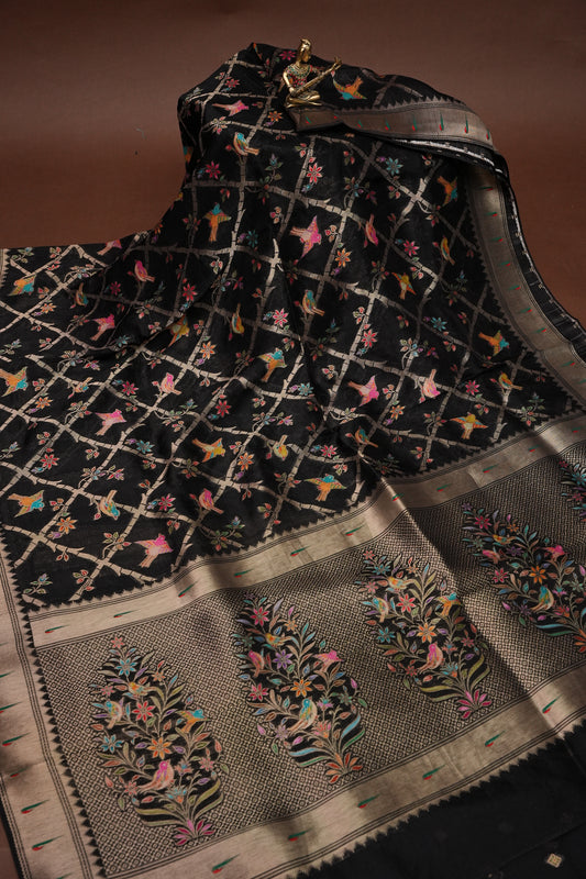 Tussar Banarasi Raw Silk Saree with Floral Paithani Weaves – Black