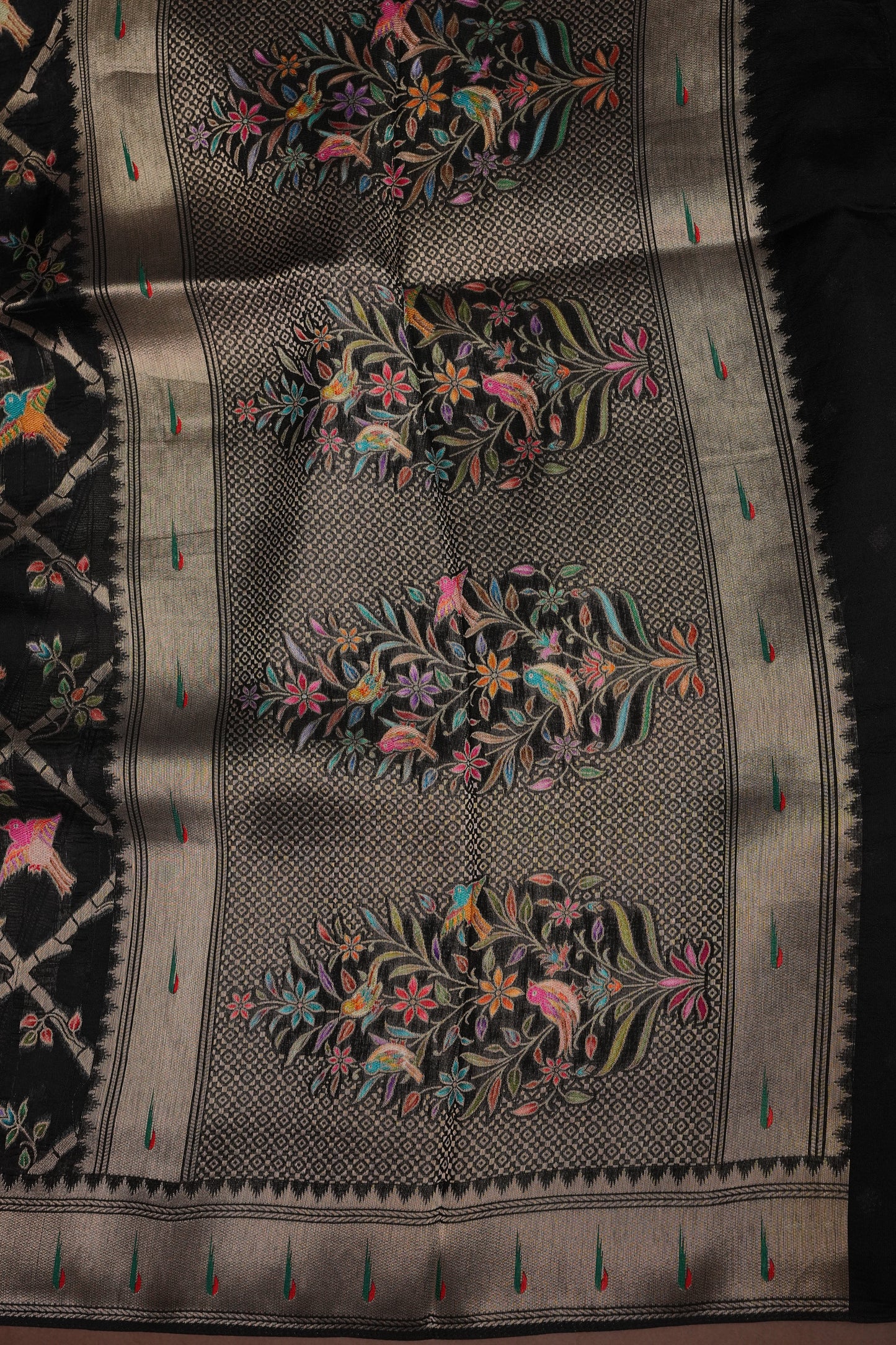 Tussar Banarasi Raw Silk Saree with Floral Paithani Weaves – Black